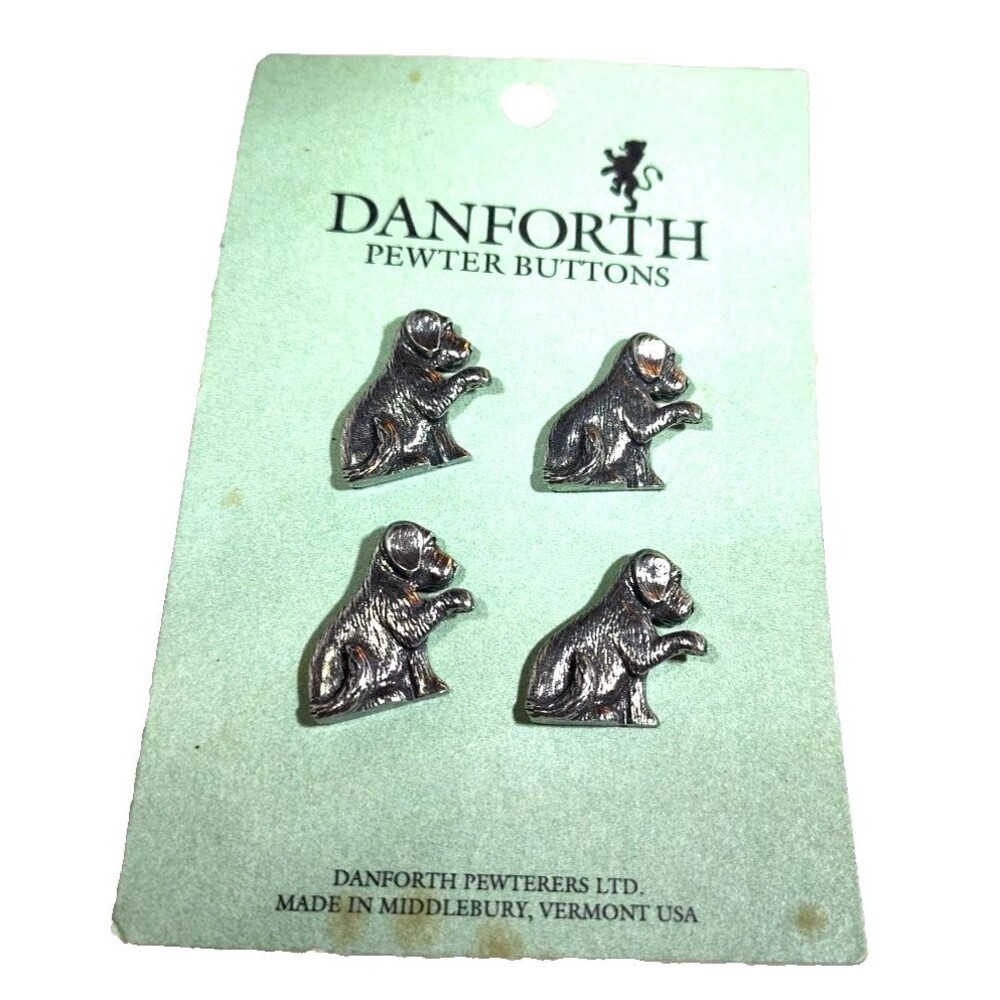 1990 Set of 4 Danforth Pewter Buttons Dogs Puppies NEW On Card made i n Vermont